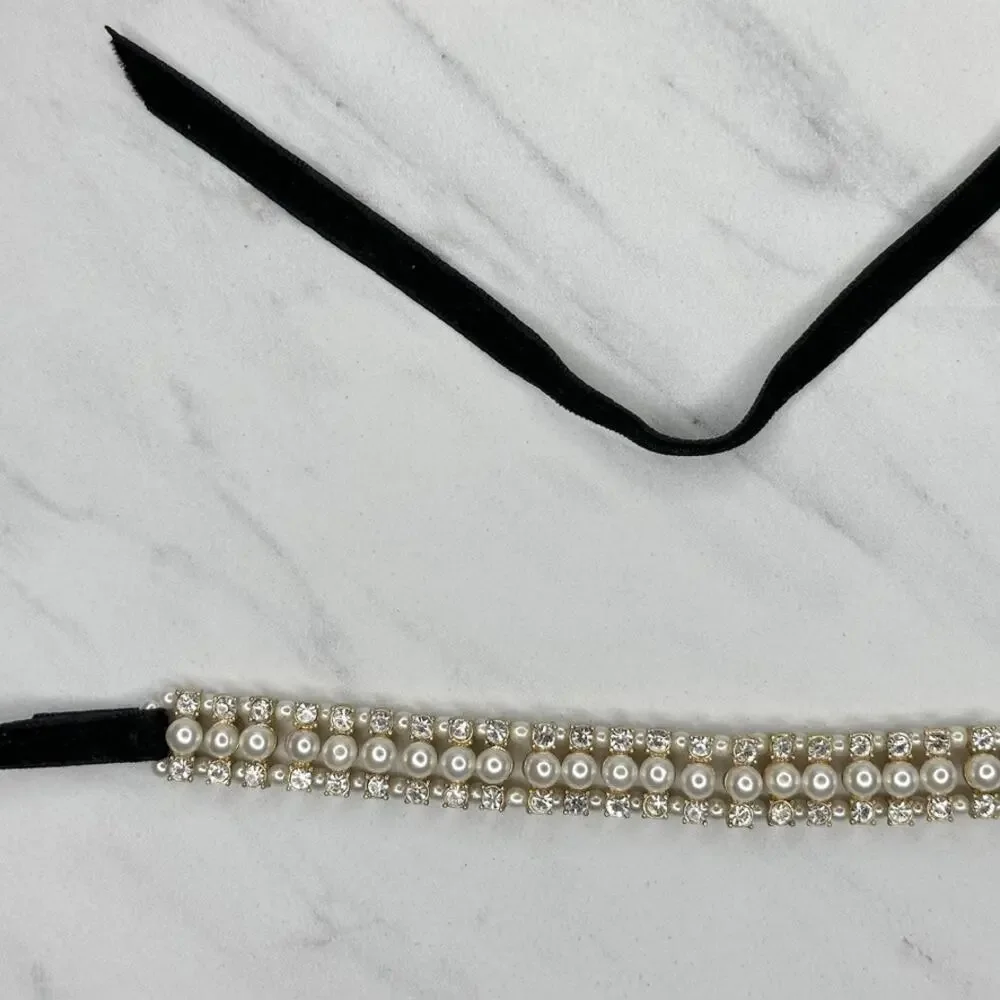 Faux Pearl Rhinestone Ribbon Tie Belt Small (S) ✨